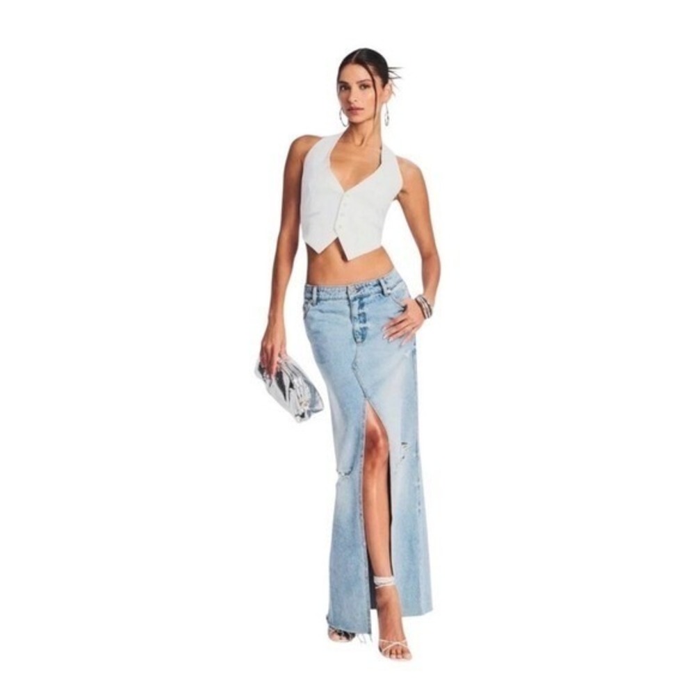 SER.O.YA Maxi Skirt 26 Light Blue Matilda Distressed Front Slit Denim Skirt
